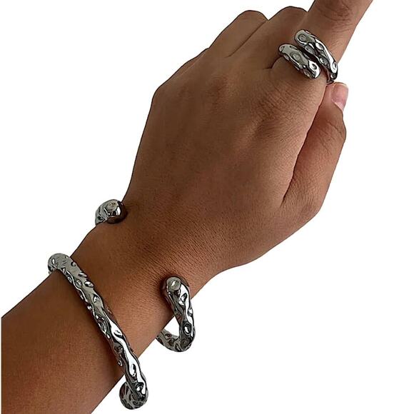 Stainless Steel Contour Bracelet, Irregular Hammered Bangle Cuff, Anniversary - Picture 3 of 8